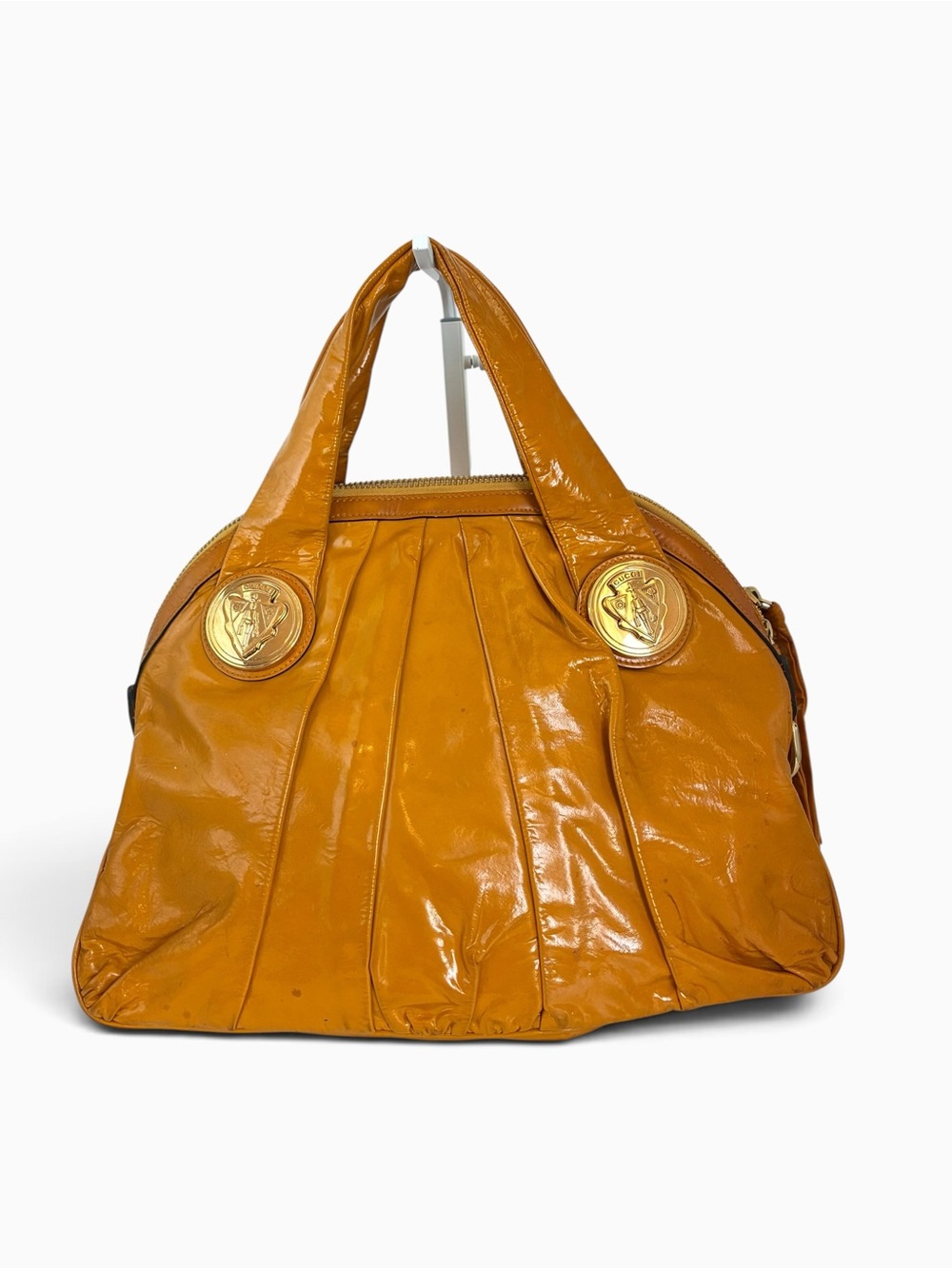 Gucci Hysteria Patent Leather Large Tote Bag Mustard Yellow Gold Crest - Picture 2 of 11